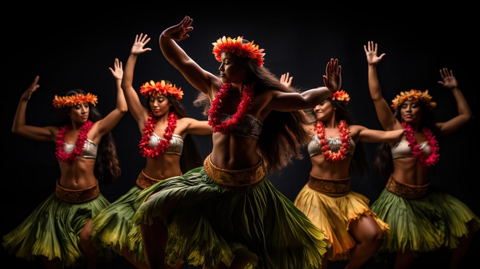 Un groupe de cinq femmes en costume de danse tahitien traditionnel (jupes d'herbe, leis de fleurs) exécutant une danse Ori Tahiti expressive contre un fond noir. La femme du premier plan mène la chorégraphie.